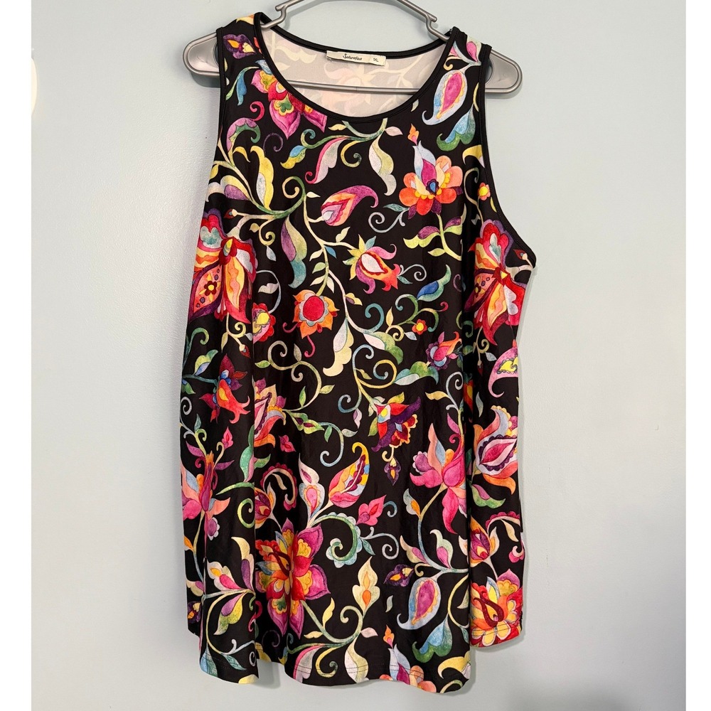 Sakurafina 1XL Floral Paisley Tank Top Black Multi Color Sleeveless Scoop